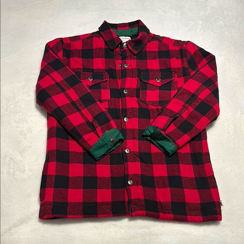 Tommy Bahama Boys Shirt - Black Red Plaid Lined Jacket Shacket Buffalo Size XL